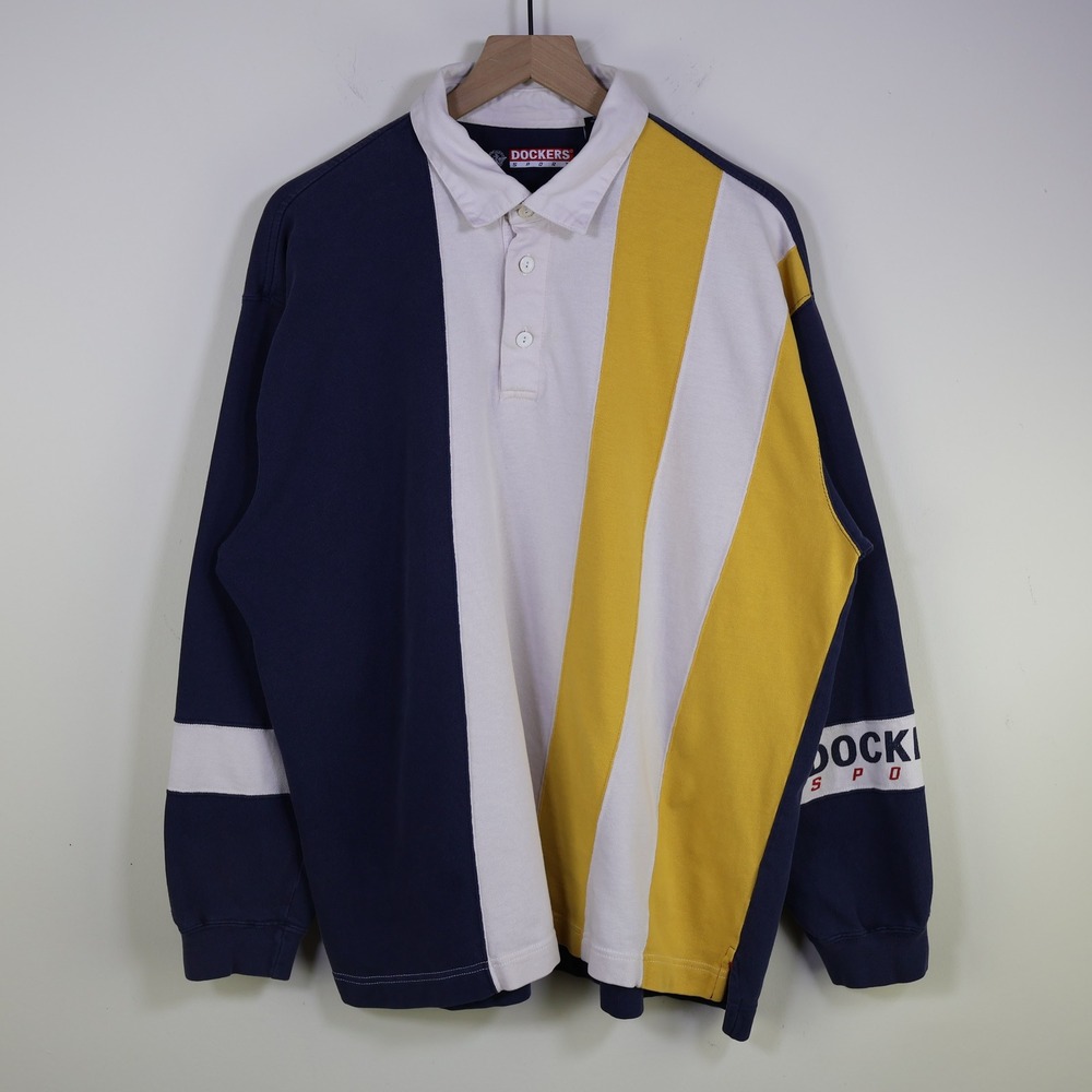 Vintage 90s Dockers Sport Colorblock Rugby Shirt XL Navy Yellow White Cotton XL